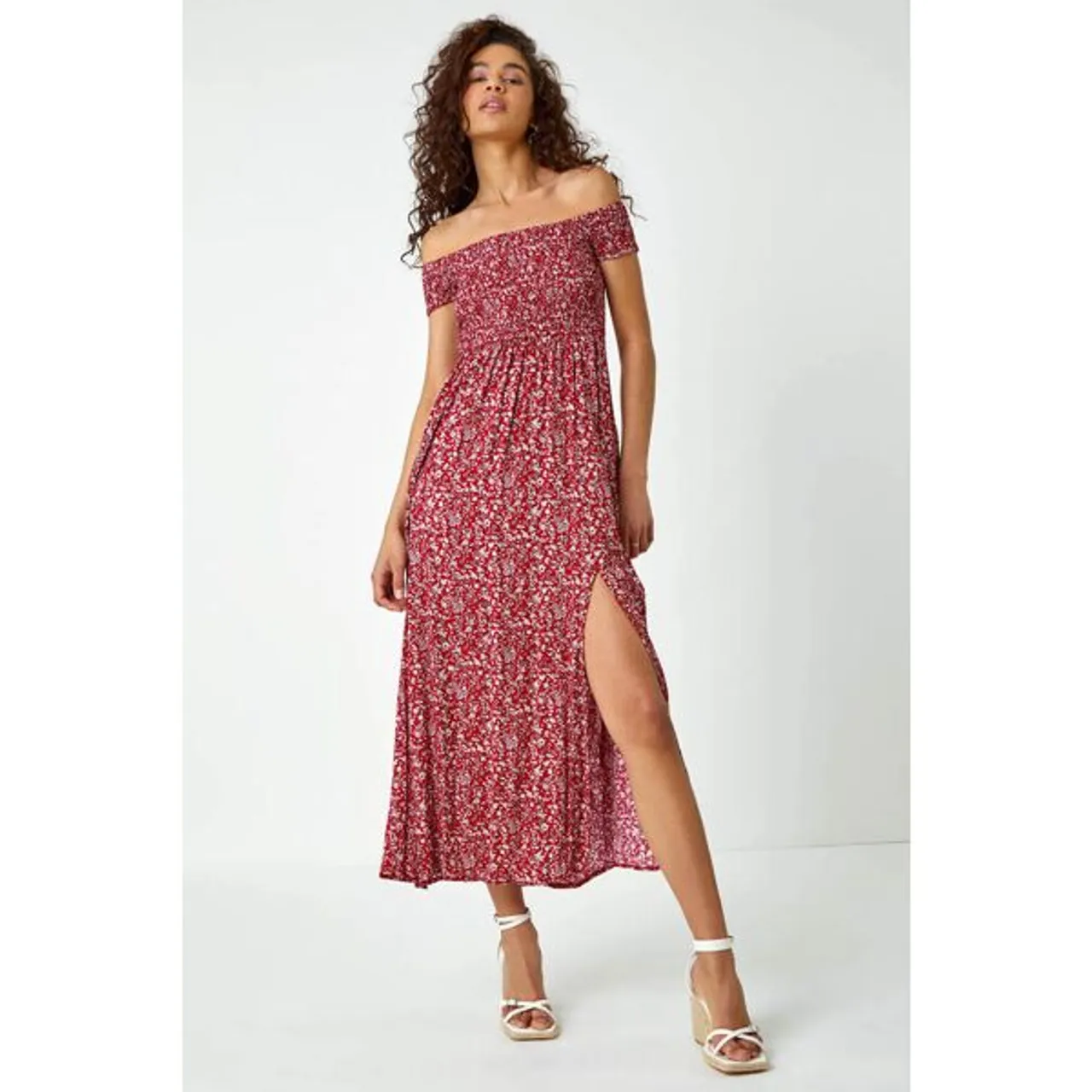 Roman Ditsy Floral Print Bardot Maxi Dress in Red - Size 12 12 female