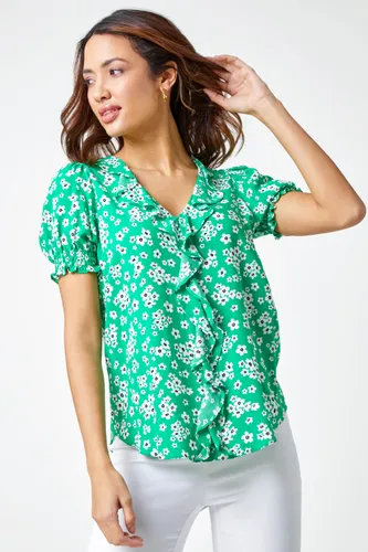 Roman Ditsy Floral Print Ruffle Top in Green 10 female