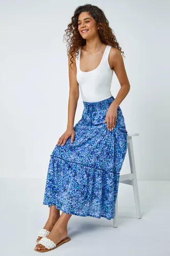 Roman Ditsy Floral Print Tiered Maxi Skirt in Blue 12 female