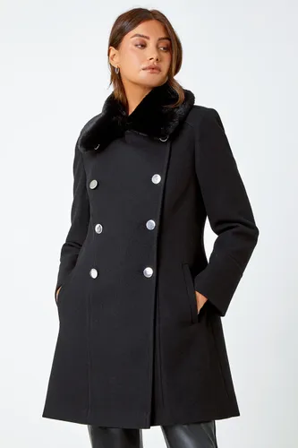 Roman Double Breasted Faux Fur Collar Coat in Black 10 female