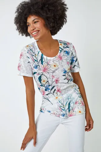 Roman Embellished Floral Print T-Shirt in Ivory 14 female