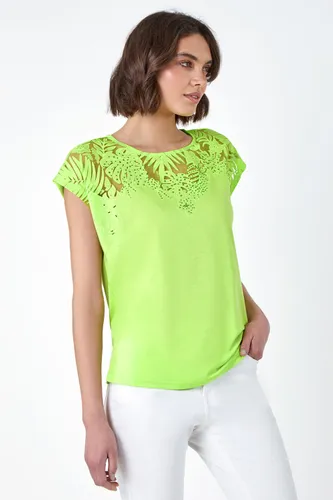 Roman Embellished Palm Print Cut Out T-Shirt in Lime 12 female