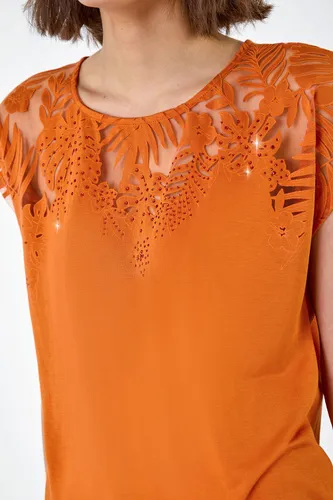 Roman Embellished Palm Print Cut Out T-Shirt in Orange 12 female