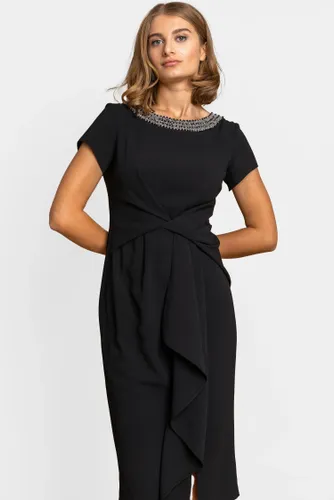 Roman Embellished Stretch Twist Waist Ruched Dress in Black - Size 12 12 female