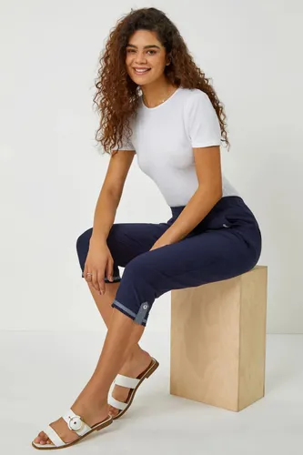 Roman Eyelet Detail Cropped Stretch Trousers in Navy 12 female