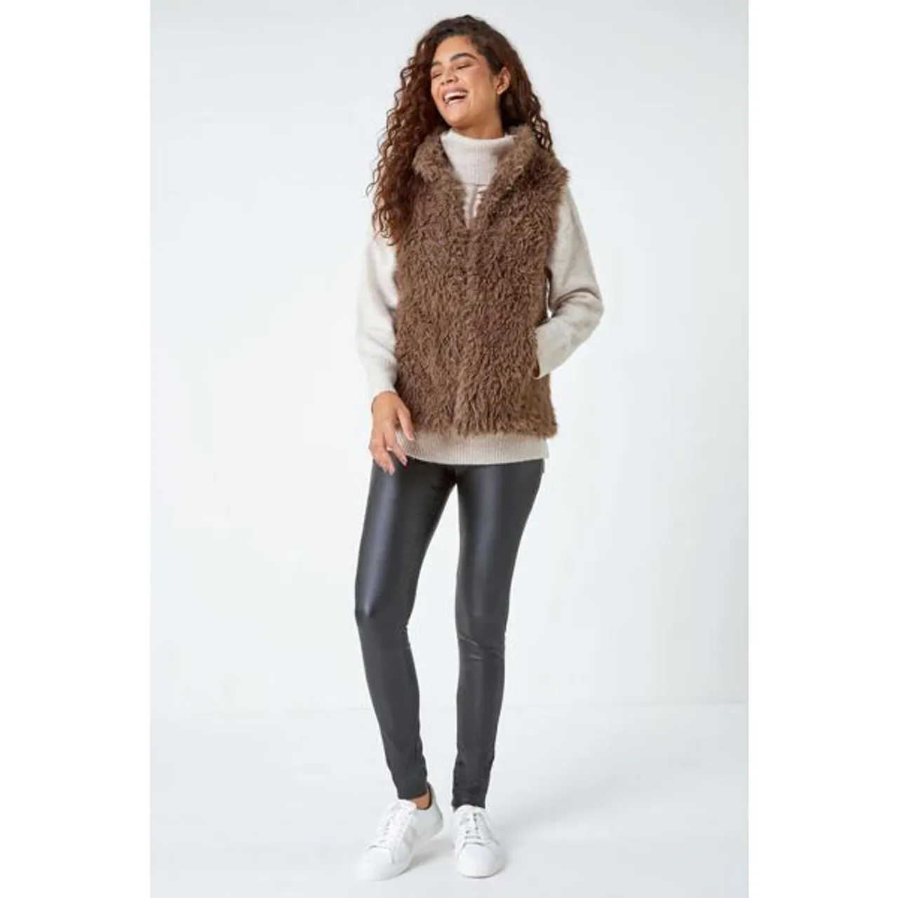 Roman Faux Fur Fluffy Gilet in Taupe 18 female