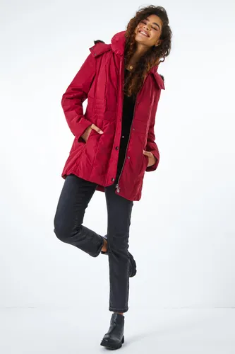 Roman Faux Fur Trim Hooded Coat in Red 10 female