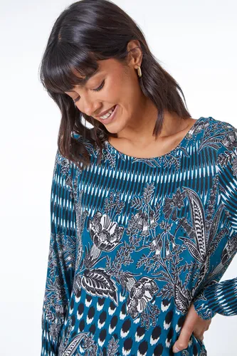 Roman Floral Border Print Longline Stretch Tunic in Teal female
