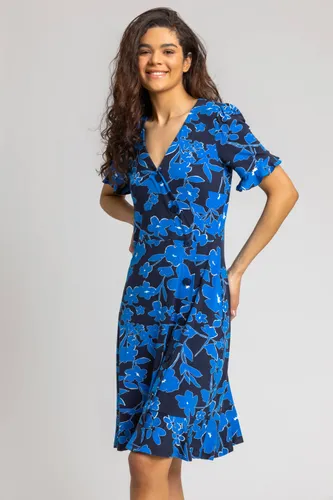 Roman Floral Button Stretch Tea Dress in Royal Blue 16 female