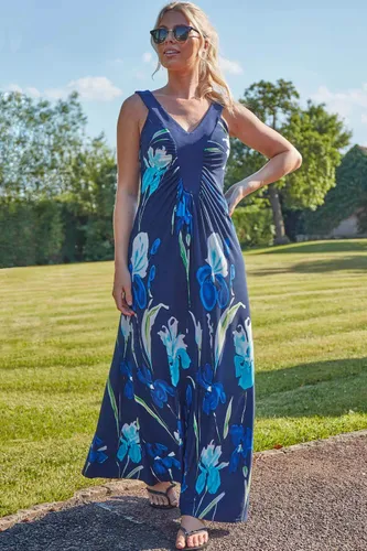 Roman Floral Contrast Band Maxi Dress in Navy 12 female