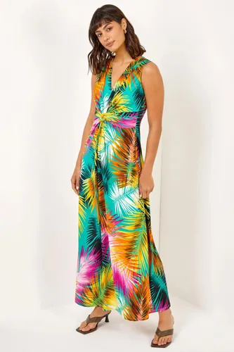 Roman Floral Jersey Stretch Twist Ruched Maxi Dress in Yellow 18 female