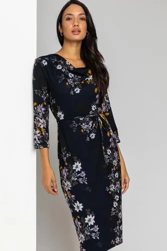 Roman Floral Knitted Cowl Neck Dress in Navy - Size 14 14 female