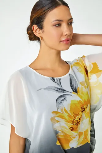 Roman Floral Overlay Blouson Jersey Top in Yellow 12 female