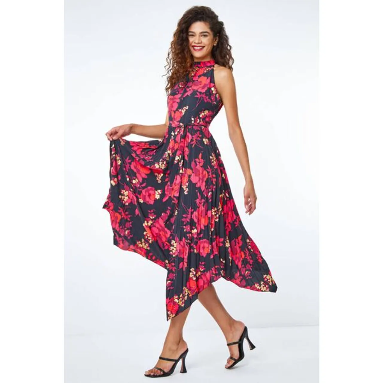 Roman Floral Pleated Halter Neck Midi Dress in Red - Size 20 20 female