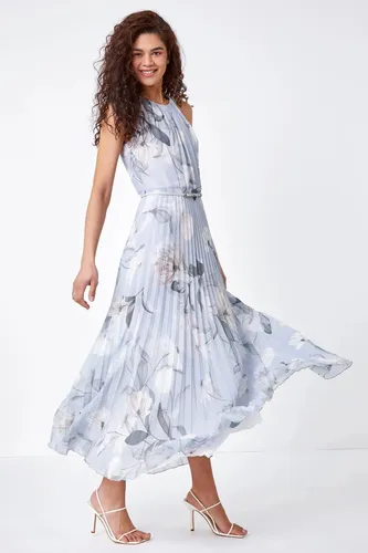 Roman Floral Pleated Maxi Occasion Wedding Guest Dress in Grey 18 female