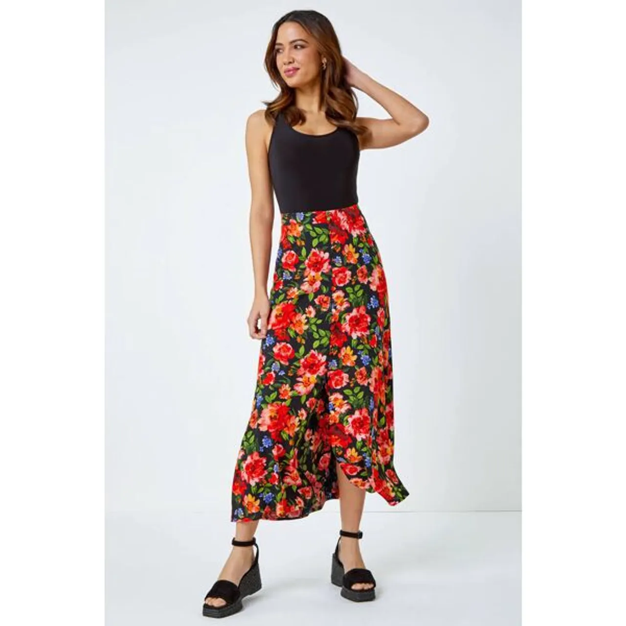 Roman Floral Print Button Detail Maxi Skirt in Red 18 female