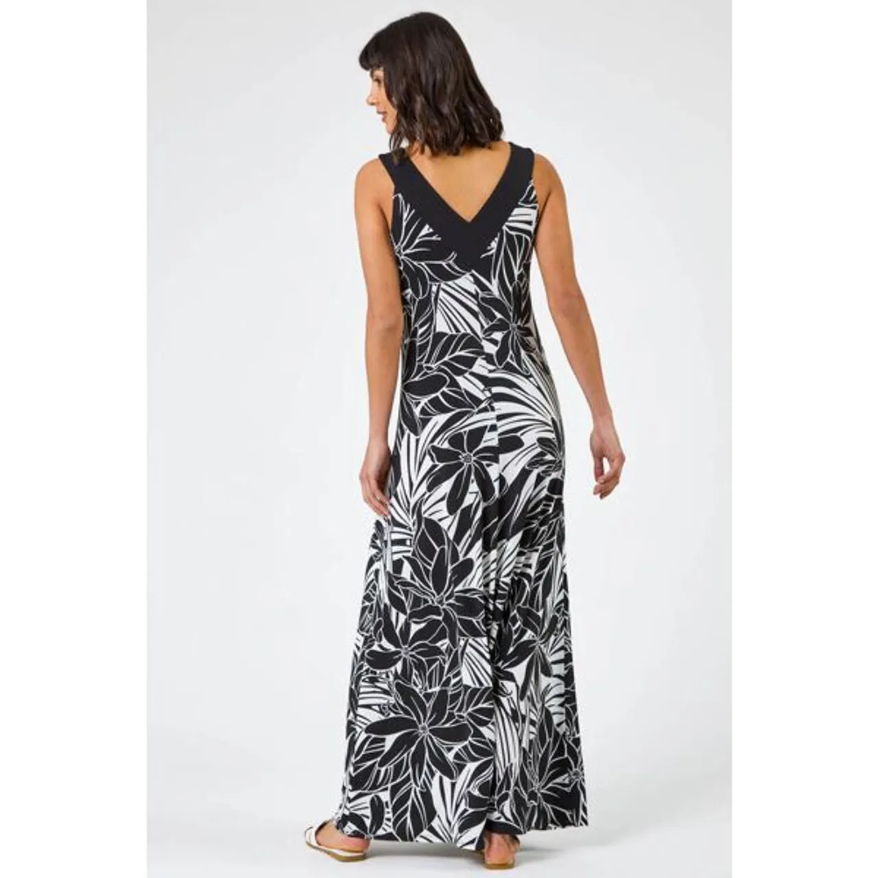 Roman Floral Print Contrast Band Maxi Dress in Black 10 female