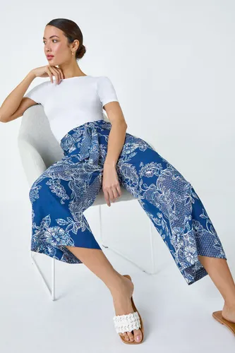 Roman Floral Print Cropped Tie Trousers in Blue 18 female