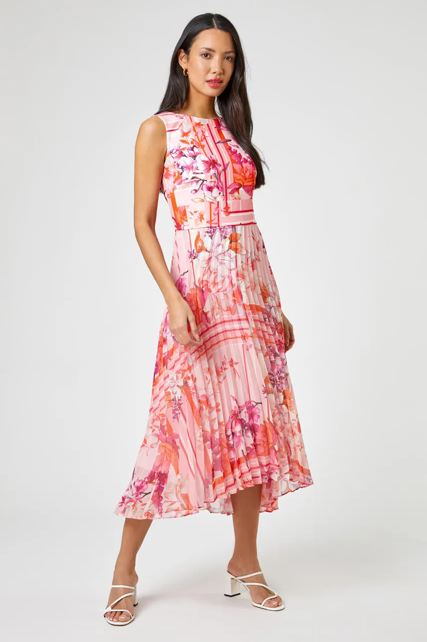 Roman Floral Print Fit And Flare Pleated Dress in Pink - Size 10 10 female