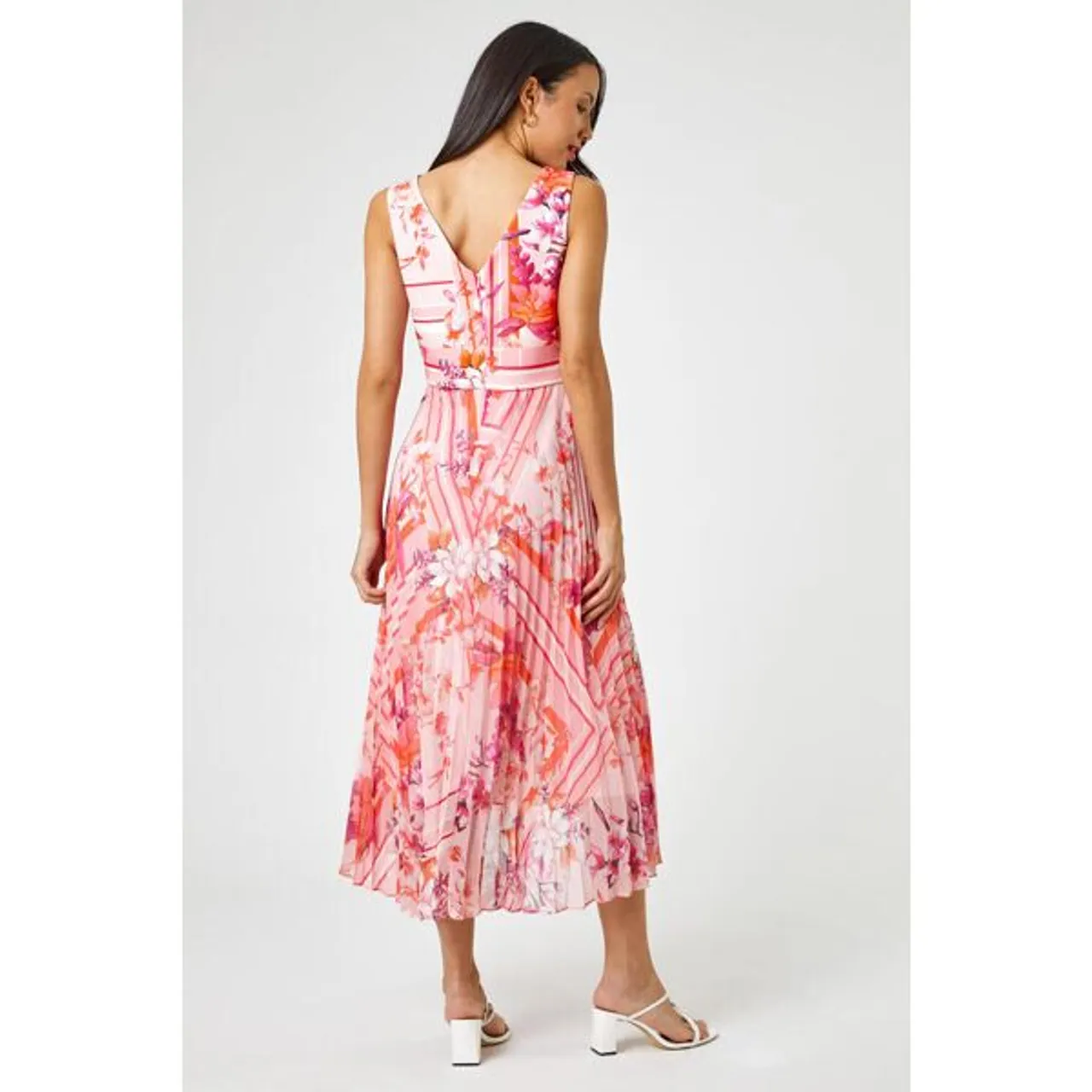 Roman Floral Print Fit And Flare Pleated Dress in Pink - Size 10 10 female