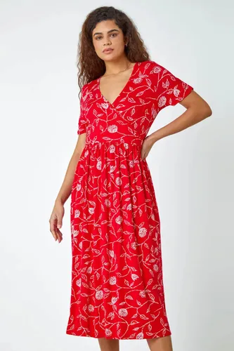 Roman Floral Print Midi Wrap Stretch Dress in Red - Size 10 10 female