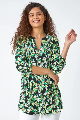 Roman Floral Print Pintuck Stretch Top in Green 10 female