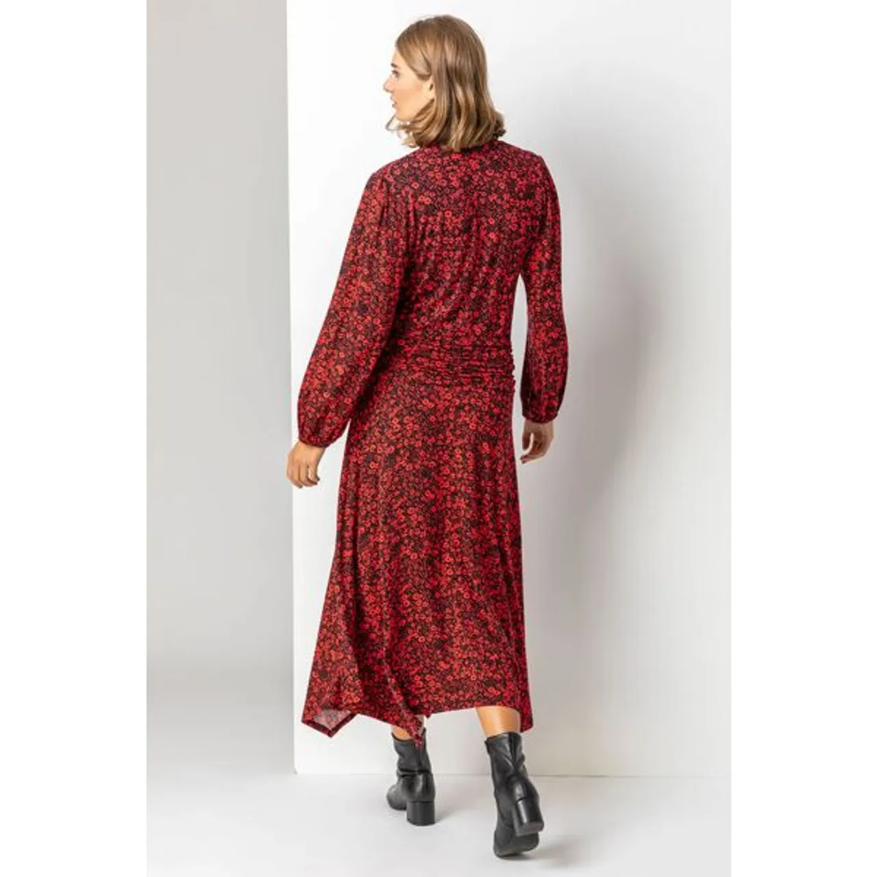 Roman Floral Print Pleat Detail Midi Dress in Red - Size 10 10 female