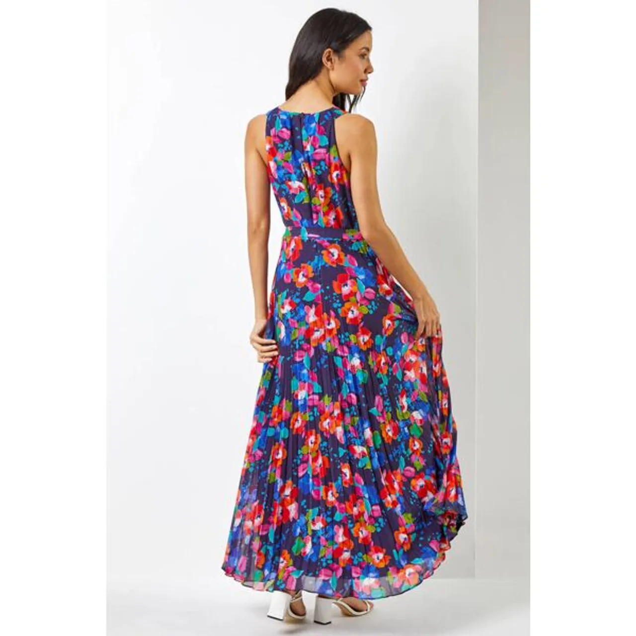 Roman Floral Print Pleated Maxi Dress in Navy 16 female