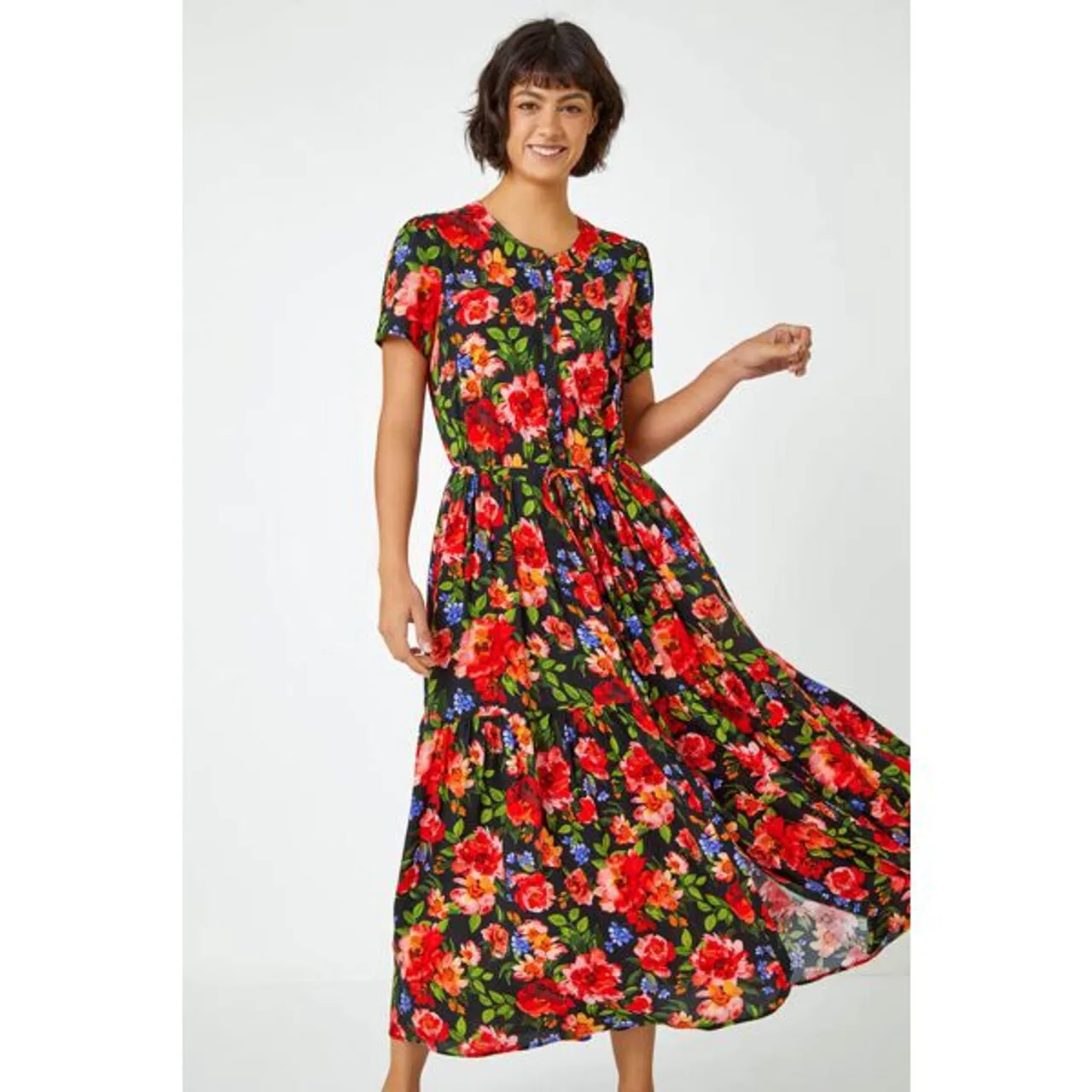 Roman Floral Print Tiered Midi Dress in Red - Size 10 10 female