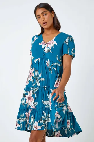 Roman Floral Print Tiered Mini Dress in Teal - Size 10 10 female