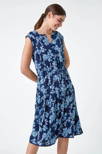 Roman Floral Print Tiered Woven Dress in Navy - Size 14 14 female