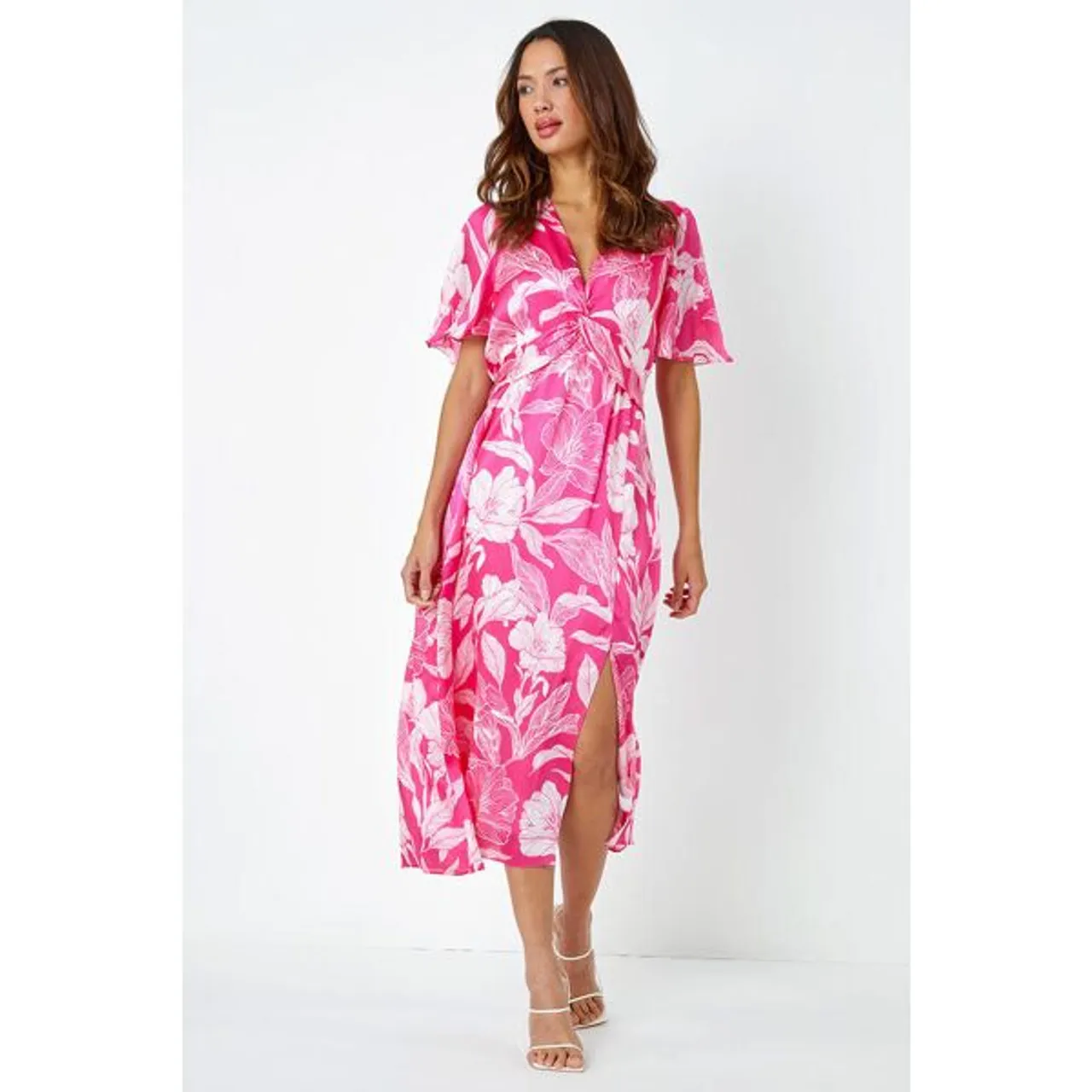 Roman Floral Print Twist Front Midi Dress in Pink 16 female