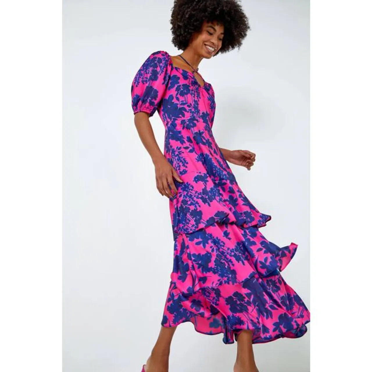 Roman Floral Puff Sleeve Tiered Maxi Dress in Cerise - Size 10 10 female