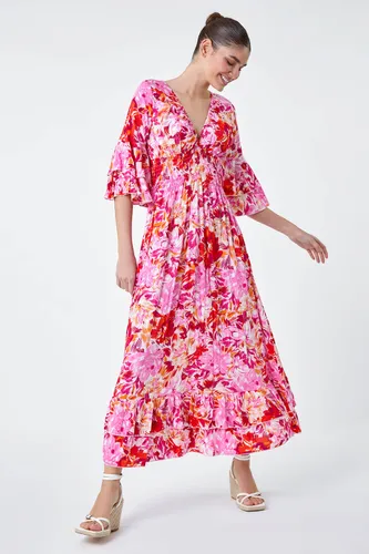 Roman Floral Ruffle Detail Shirred Maxi Dress in Pink - Size 10 10 female