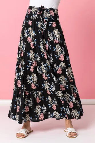 Roman Floral Shirred Waist Maxi Skirt in Black 12 female