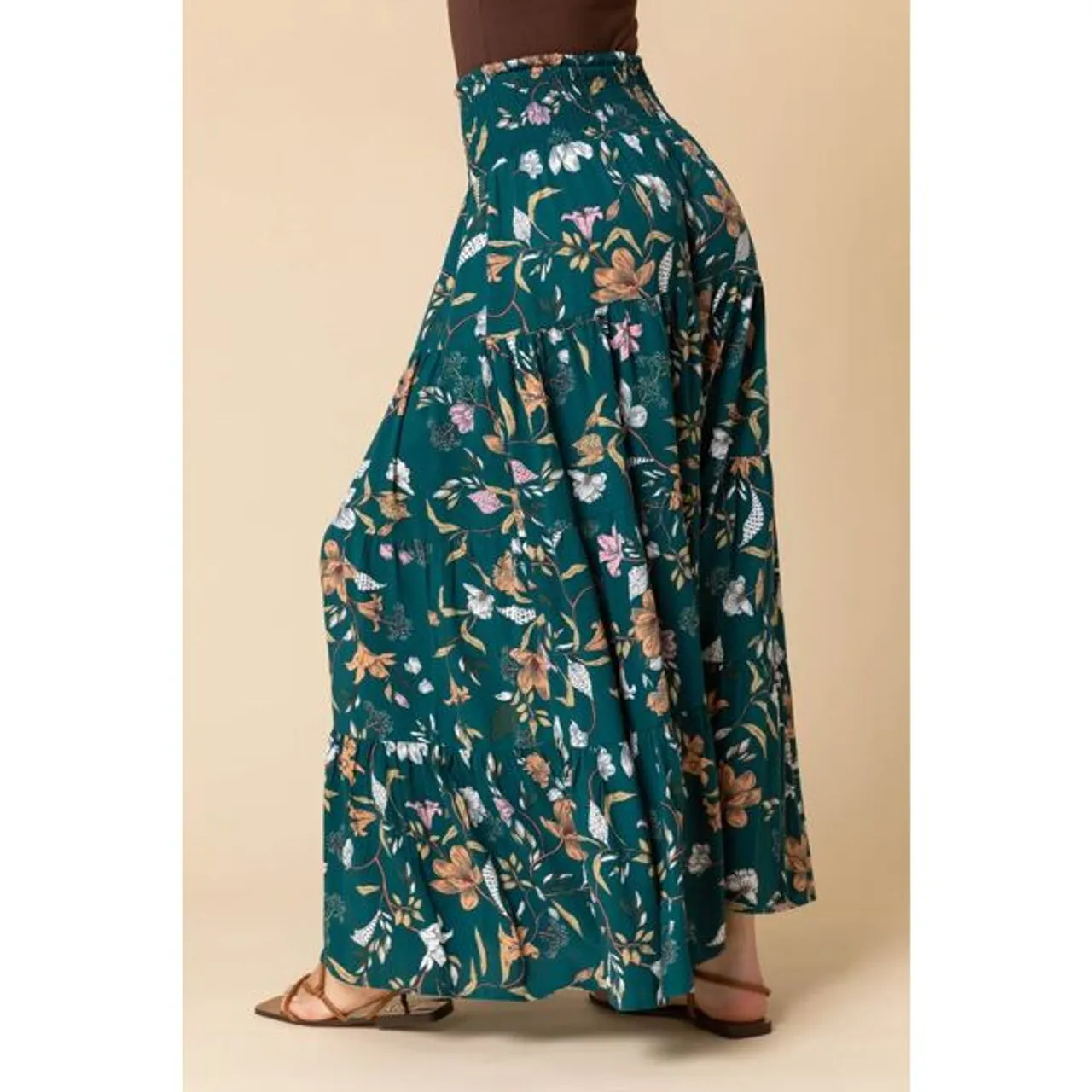 Roman Floral Shirred Waist Maxi Skirt in Teal 12 female