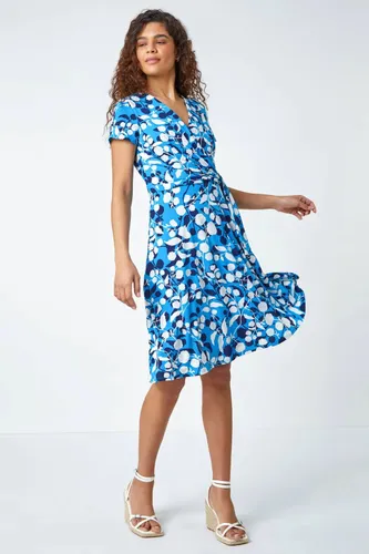 Roman Floral Stretch Wrap Skater Dress in Turquoise 12 female