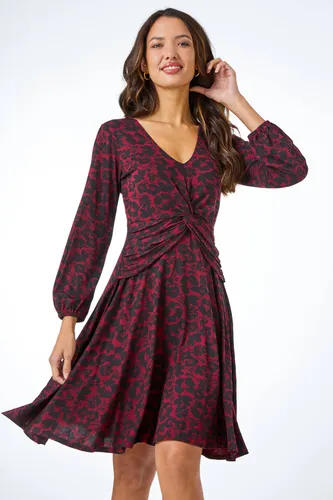 Roman Floral Twist Stretch Ruched Jersey Dress in Red - Size 16 16 female
