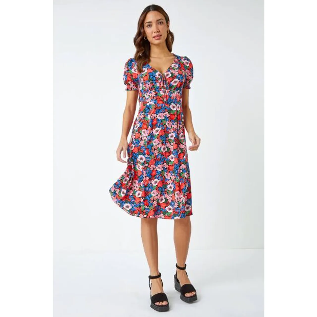 Roman Frill Sleeve Floral Tea Dress in Red - Size 18 18 female