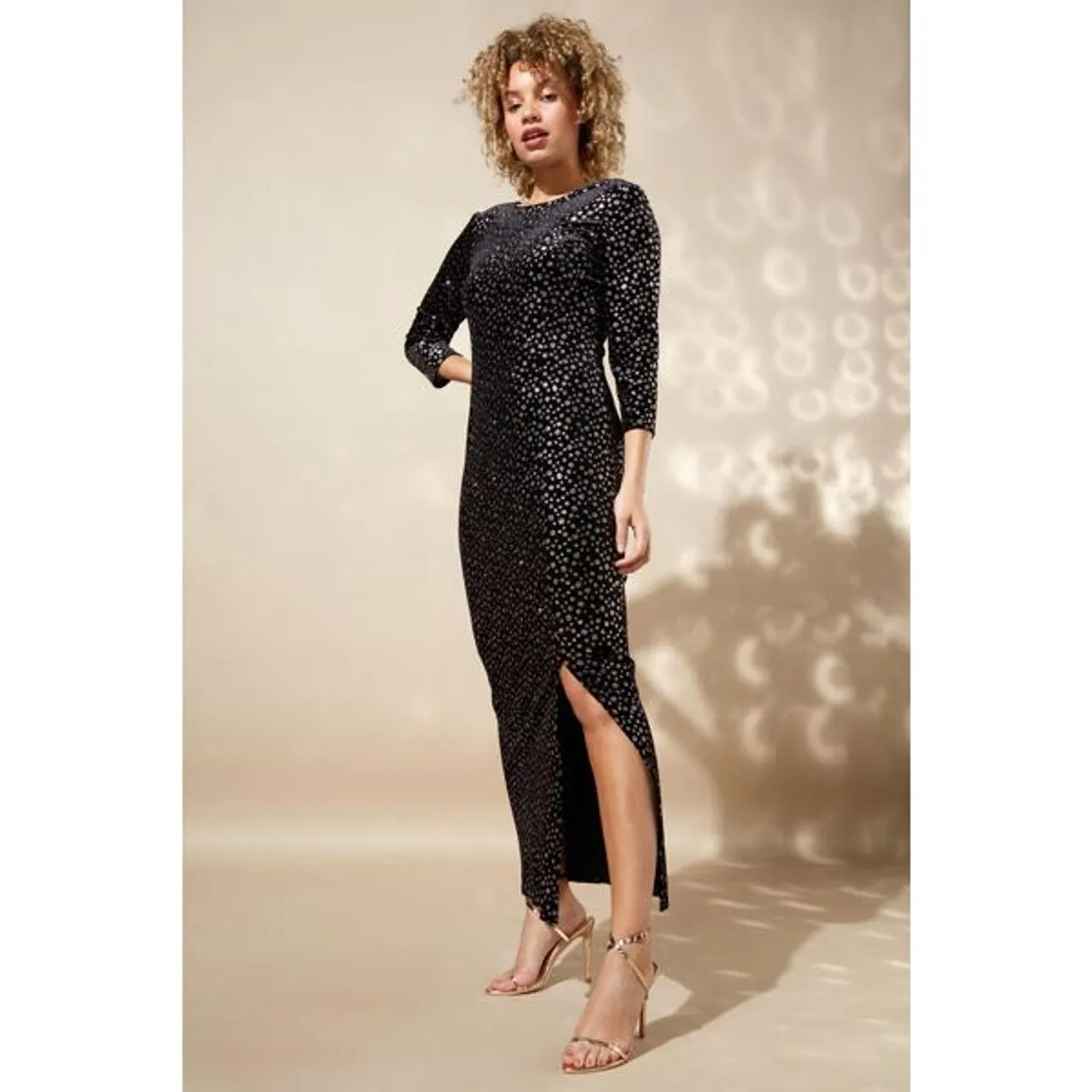 Roman Glitter Spot Side Split Maxi Dress in Black 10 female