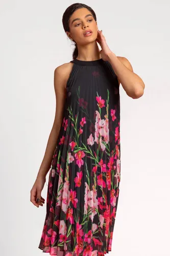 Roman High Neck Floral Pleated Swing Dress in Black - Size 14 14 female