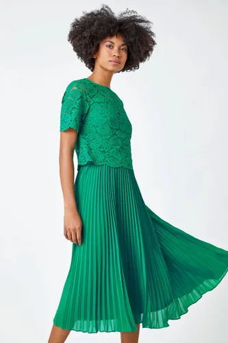 Roman Lace Top Overlay Pleated Midi Dress in Emerald 10 female