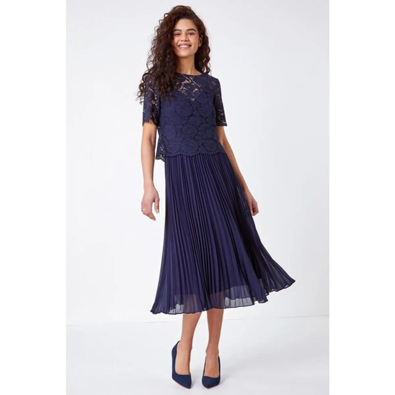 Roman Lace Top Overlay Pleated Midi Party Occasion Dress in Navy - Size 16 16 female