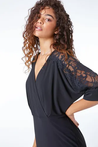 Roman Lace Trim Wrap Midi Dress in Black - Size 18 18 female