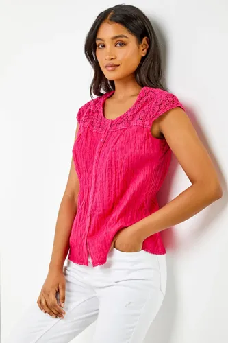 Roman Lace Yoke and Sleeve Crinkle Blouse in Pink 10 female