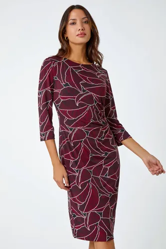 Roman Leaf Print Side Pleat Stretch Ruched Dress in Red - Size 14 14 female