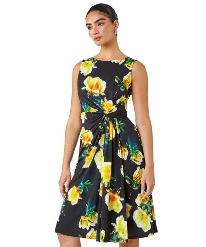 Roman Limited Womens Floral Twist Detail Ruched Dress - Black