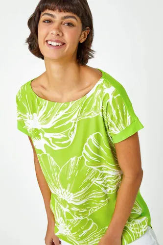 Roman Linear Floral Print Stretch T-Shirt in Lime 10 female
