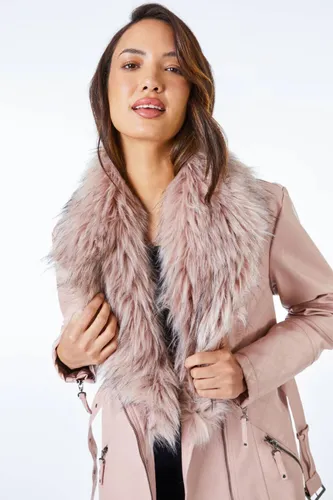 Roman Longline Faux Leather Belted Coat in Pink 16 female