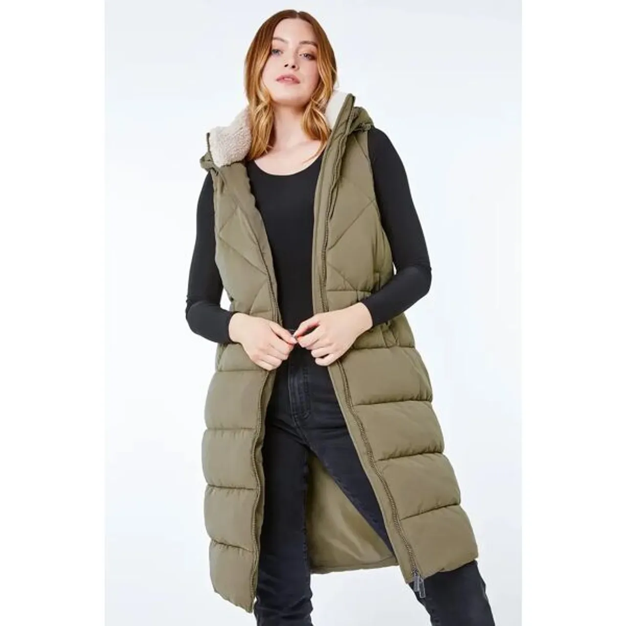 Roman Longline Quilted Borg Neck Gilet in Sage 14 female